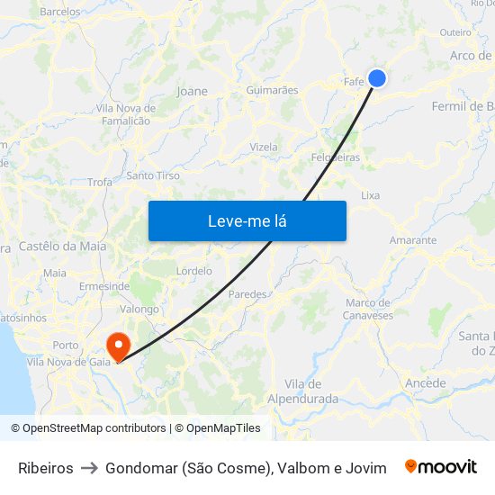 Ribeiros to Gondomar (São Cosme), Valbom e Jovim map