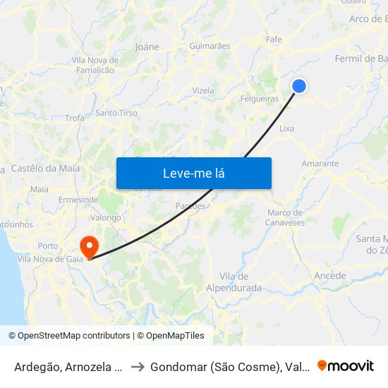 Ardegão, Arnozela e Seidões to Gondomar (São Cosme), Valbom e Jovim map