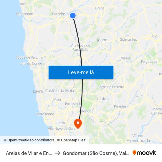 Areias de Vilar e Encourados to Gondomar (São Cosme), Valbom e Jovim map