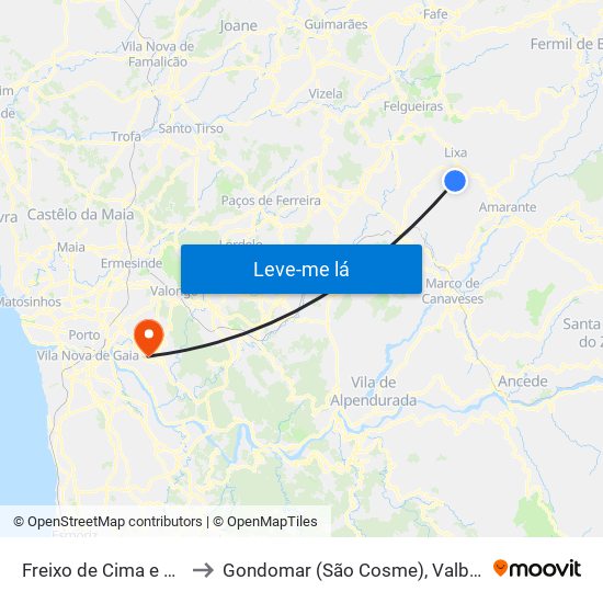 Freixo de Cima e de Baixo to Gondomar (São Cosme), Valbom e Jovim map