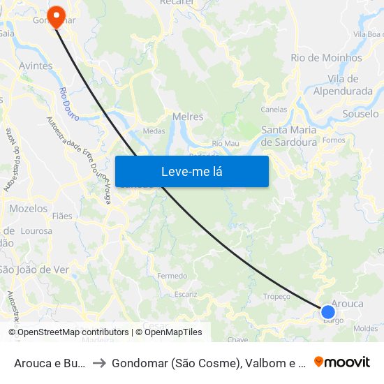 Arouca e Burgo to Gondomar (São Cosme), Valbom e Jovim map