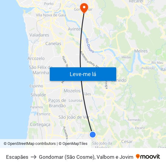 Escapães to Gondomar (São Cosme), Valbom e Jovim map