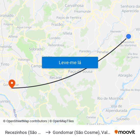 Recezinhos (São Mamede) to Gondomar (São Cosme), Valbom e Jovim map