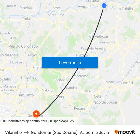 Vilarinho to Gondomar (São Cosme), Valbom e Jovim map