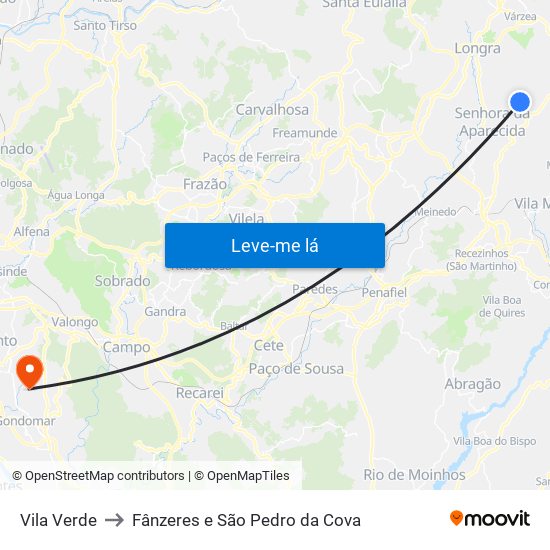 Vila Verde to Fânzeres e São Pedro da Cova map