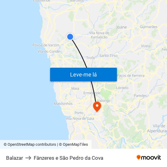 Balazar to Fânzeres e São Pedro da Cova map
