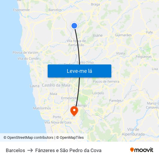 Barcelos to Fânzeres e São Pedro da Cova map