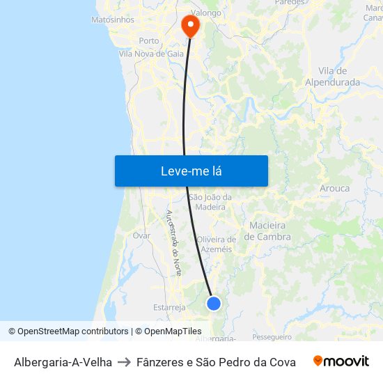 Albergaria-A-Velha to Fânzeres e São Pedro da Cova map