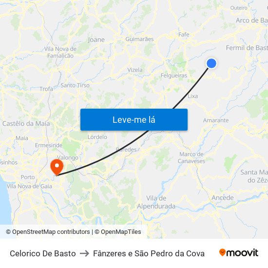 Celorico De Basto to Fânzeres e São Pedro da Cova map