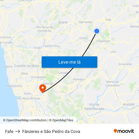 Fafe to Fânzeres e São Pedro da Cova map