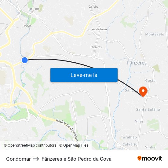 Gondomar to Fânzeres e São Pedro da Cova map