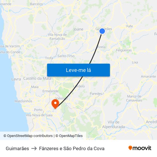 Guimarães to Fânzeres e São Pedro da Cova map