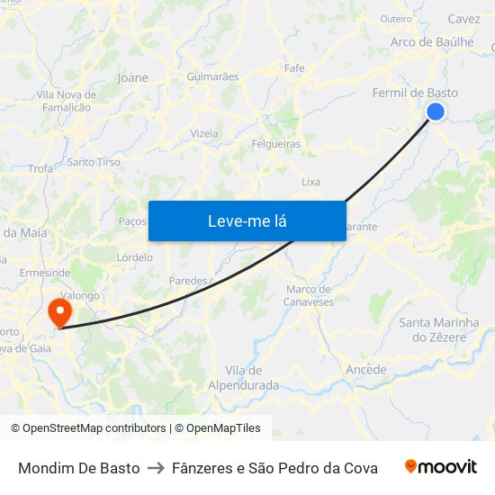 Mondim De Basto to Fânzeres e São Pedro da Cova map