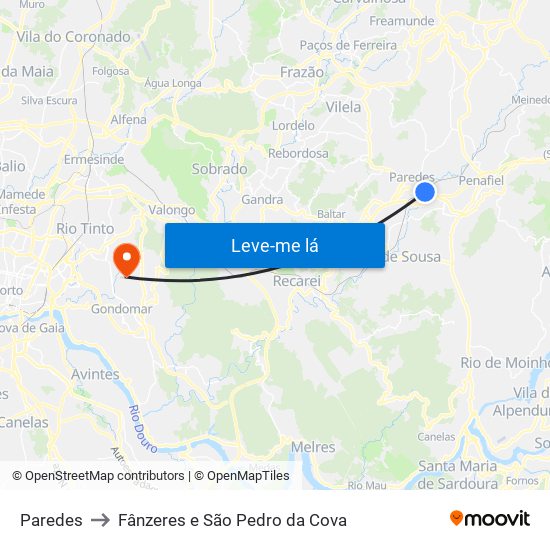 Paredes to Fânzeres e São Pedro da Cova map