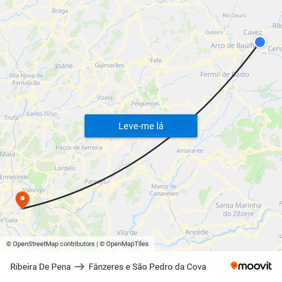 Ribeira De Pena to Fânzeres e São Pedro da Cova map