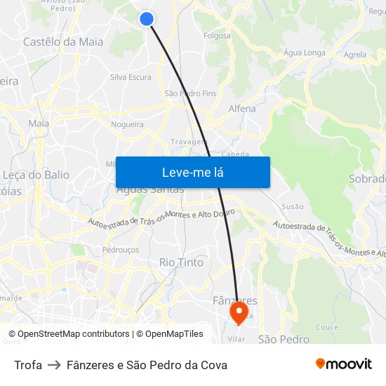 Trofa to Fânzeres e São Pedro da Cova map