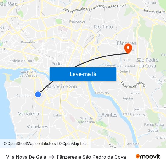 Vila Nova De Gaia to Fânzeres e São Pedro da Cova map