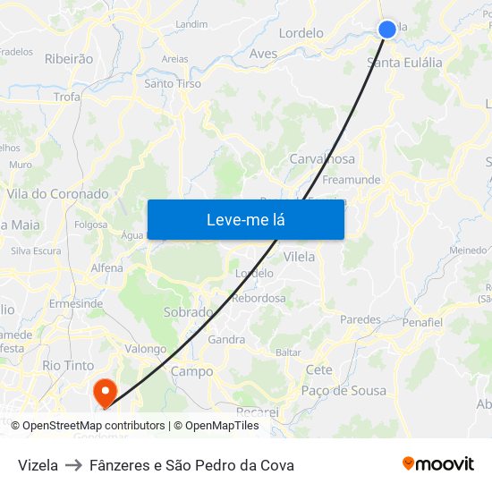 Vizela to Fânzeres e São Pedro da Cova map