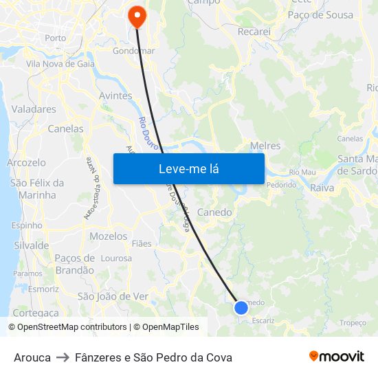 Arouca to Fânzeres e São Pedro da Cova map