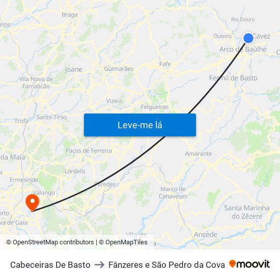 Cabeceiras De Basto to Fânzeres e São Pedro da Cova map