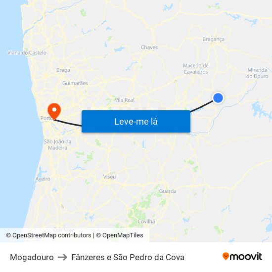 Mogadouro to Fânzeres e São Pedro da Cova map