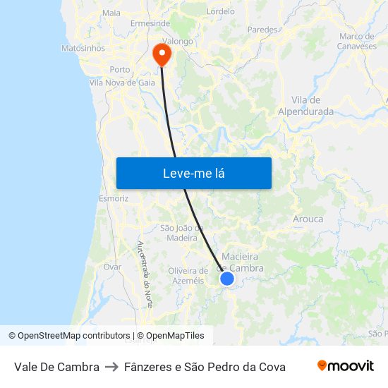 Vale De Cambra to Fânzeres e São Pedro da Cova map