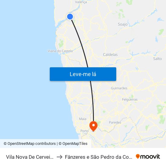 Vila Nova De Cerveira to Fânzeres e São Pedro da Cova map