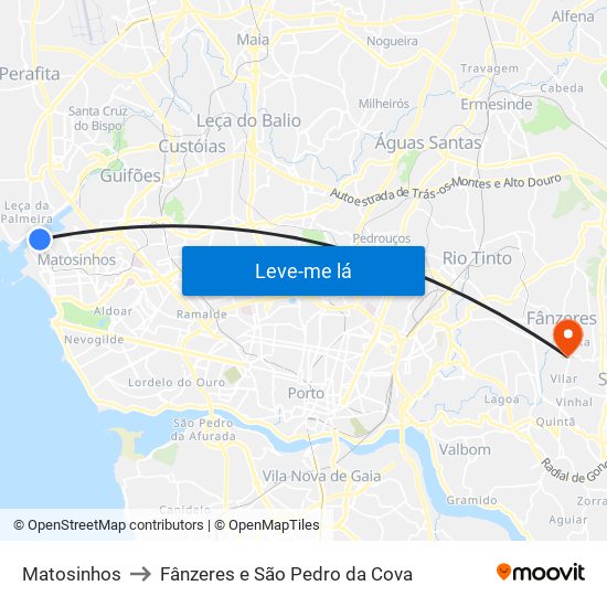 Matosinhos to Fânzeres e São Pedro da Cova map