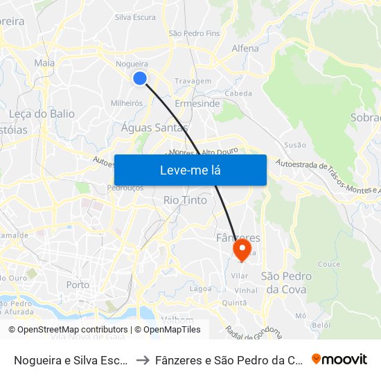 Nogueira e Silva Escura to Fânzeres e São Pedro da Cova map