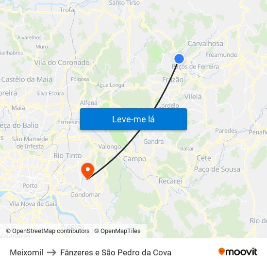 Meixomil to Fânzeres e São Pedro da Cova map