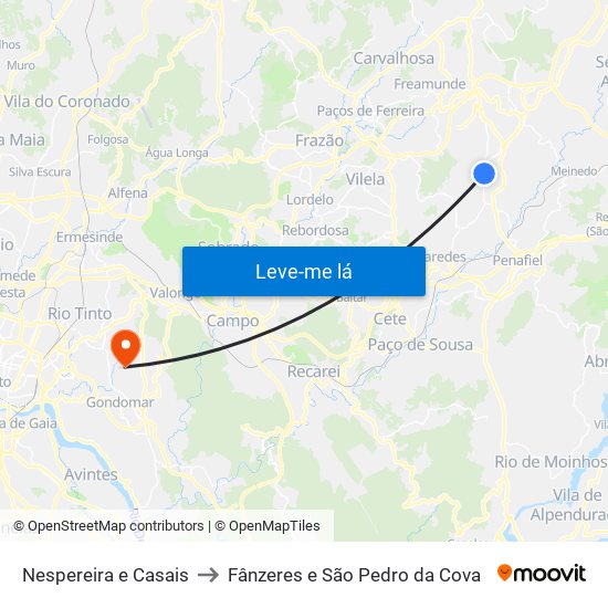 Nespereira e Casais to Fânzeres e São Pedro da Cova map