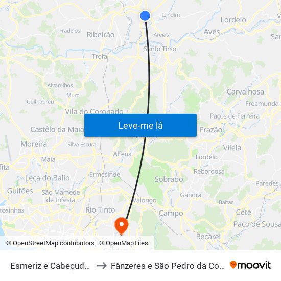 Esmeriz e Cabeçudos to Fânzeres e São Pedro da Cova map