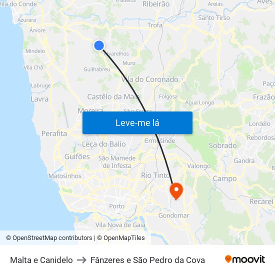 Malta e Canidelo to Fânzeres e São Pedro da Cova map