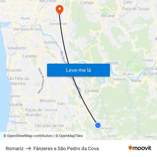 Romariz to Fânzeres e São Pedro da Cova map