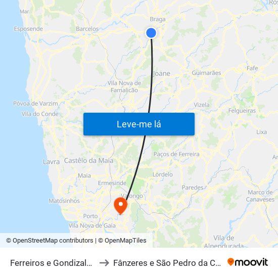 Ferreiros e Gondizalves to Fânzeres e São Pedro da Cova map