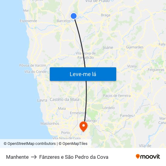 Manhente to Fânzeres e São Pedro da Cova map