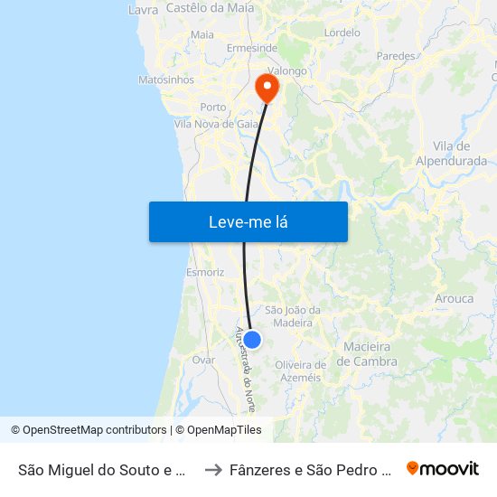 São Miguel do Souto e Mosteirô to Fânzeres e São Pedro da Cova map