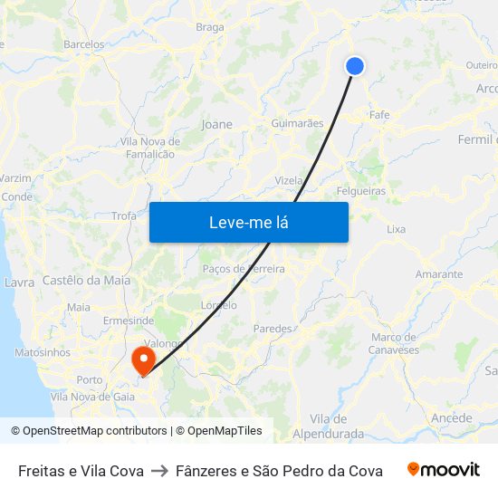 Freitas e Vila Cova to Fânzeres e São Pedro da Cova map