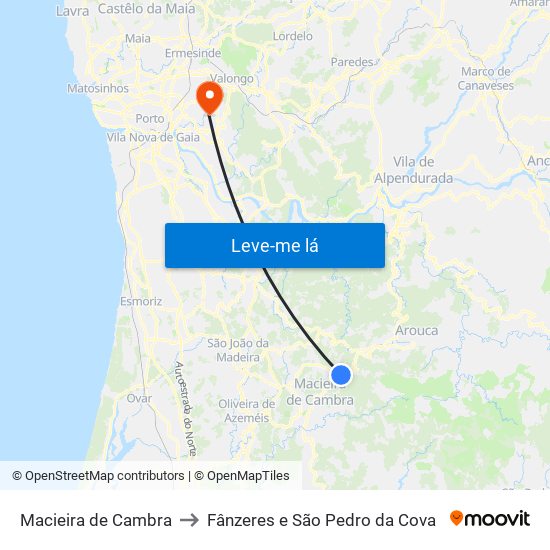 Macieira de Cambra to Fânzeres e São Pedro da Cova map