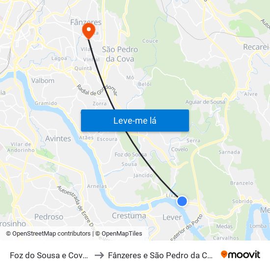 Foz do Sousa e Covelo to Fânzeres e São Pedro da Cova map