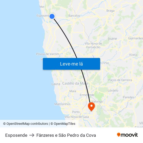 Esposende to Fânzeres e São Pedro da Cova map