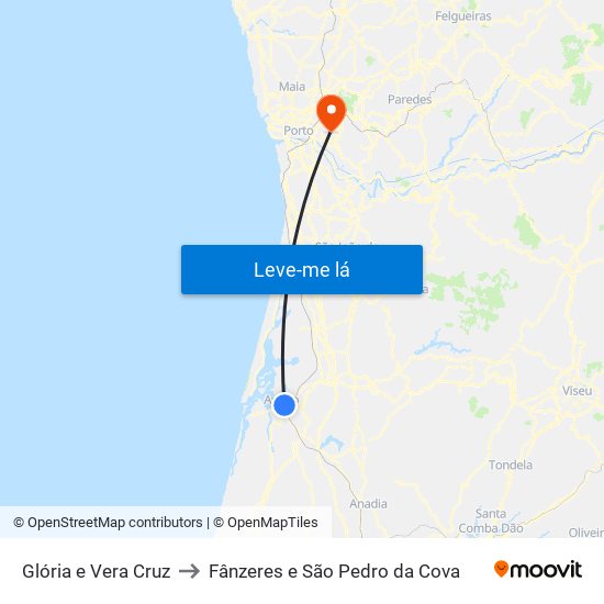 Glória e Vera Cruz to Fânzeres e São Pedro da Cova map