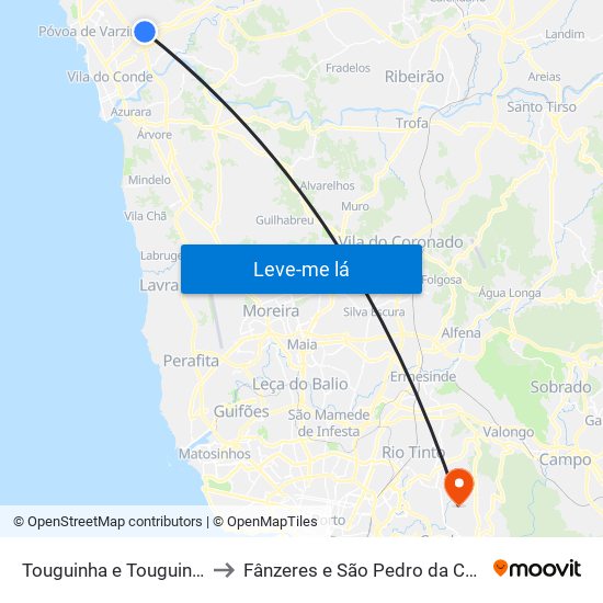 Touguinha e Touguinhó to Fânzeres e São Pedro da Cova map