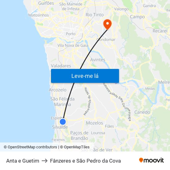 Anta e Guetim to Fânzeres e São Pedro da Cova map