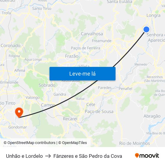 Unhão e Lordelo to Fânzeres e São Pedro da Cova map