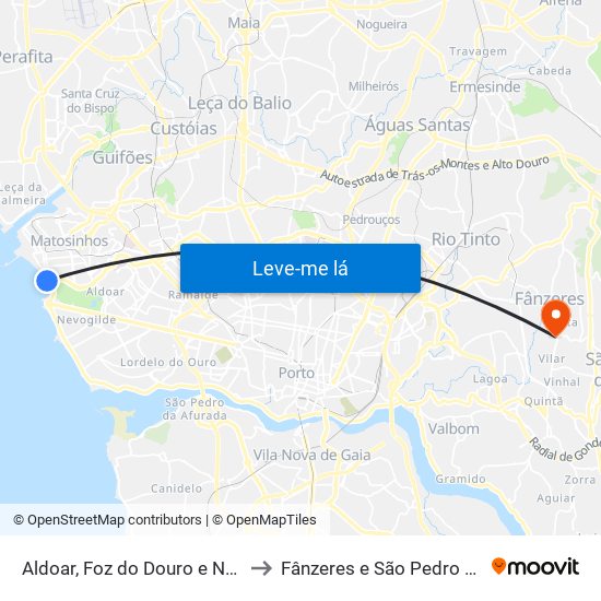 Aldoar, Foz do Douro e Nevogilde to Fânzeres e São Pedro da Cova map