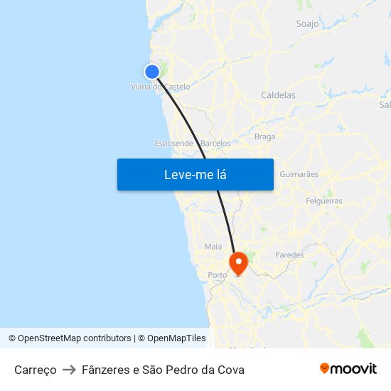 Carreço to Fânzeres e São Pedro da Cova map