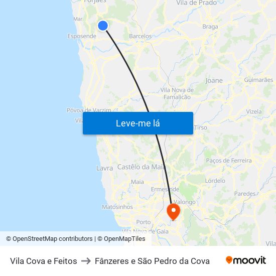 Vila Cova e Feitos to Fânzeres e São Pedro da Cova map