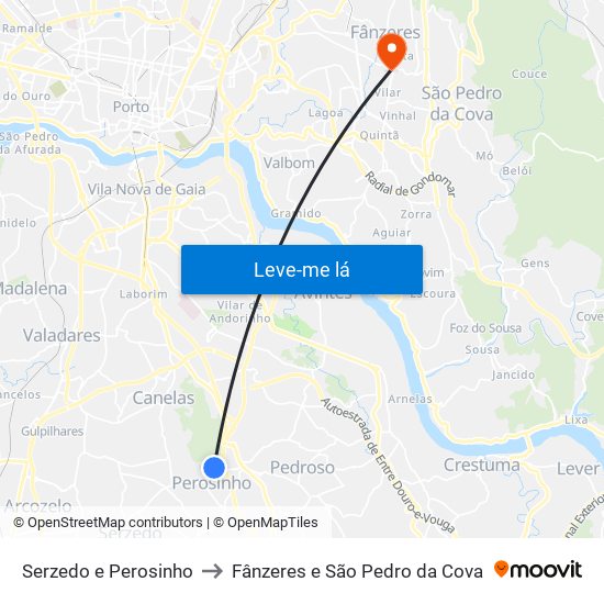 Serzedo e Perosinho to Fânzeres e São Pedro da Cova map