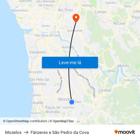 Mozelos to Fânzeres e São Pedro da Cova map